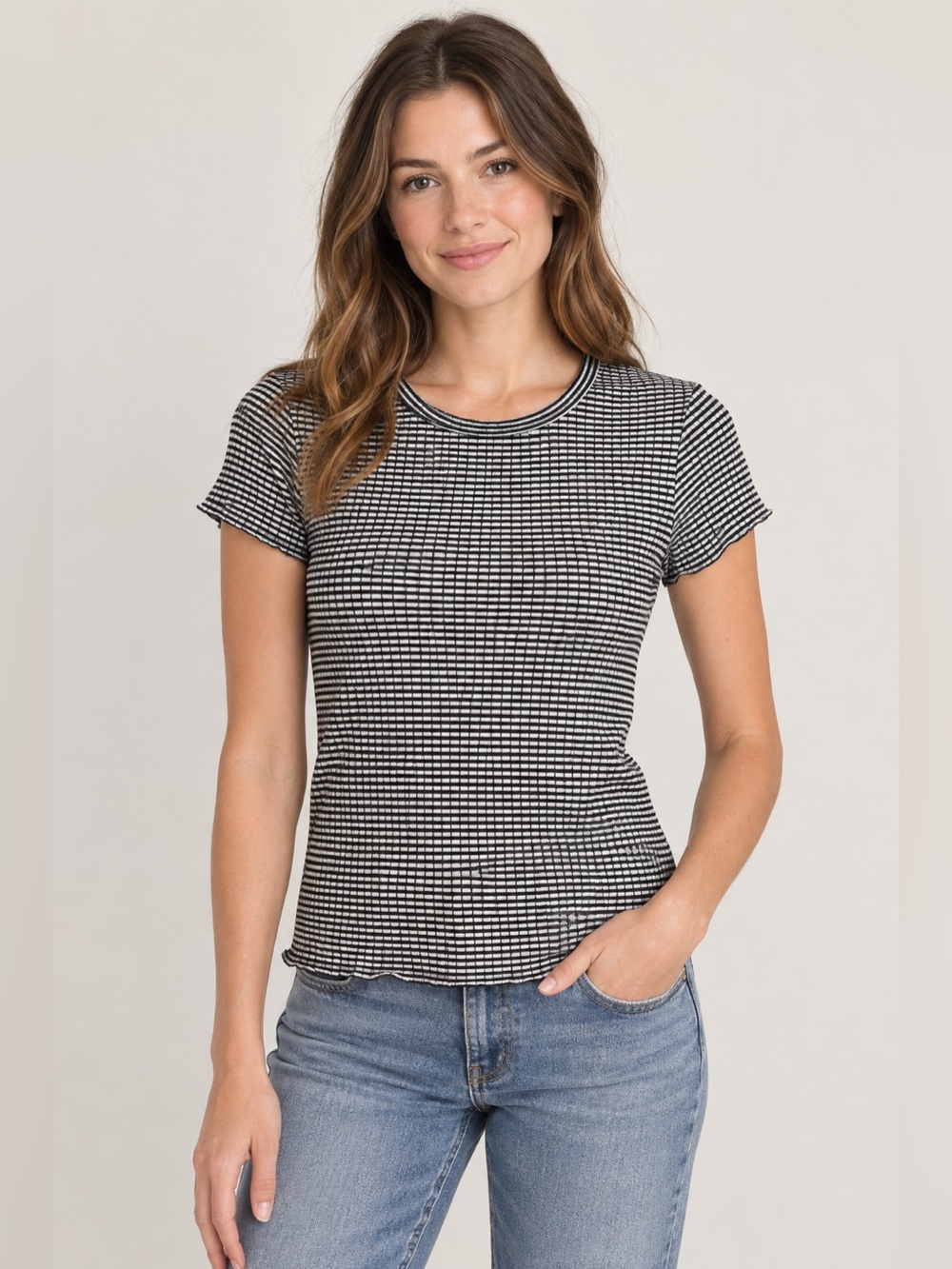 ANA | Women’s Black & White Stripe Textured Crewneck Tee size Small